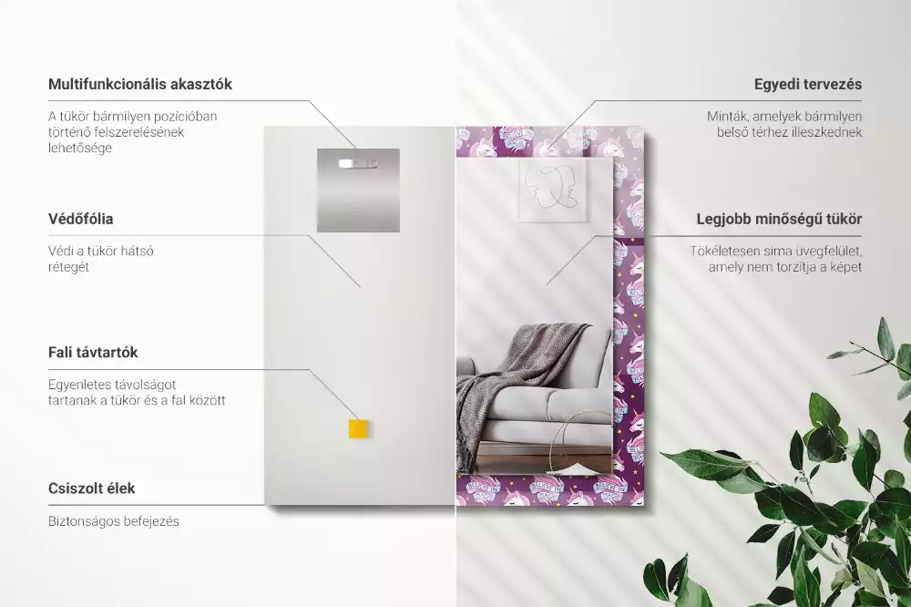 Lustro z drukowaną ramką prostokątne jednorożce gwiazdki i napis
