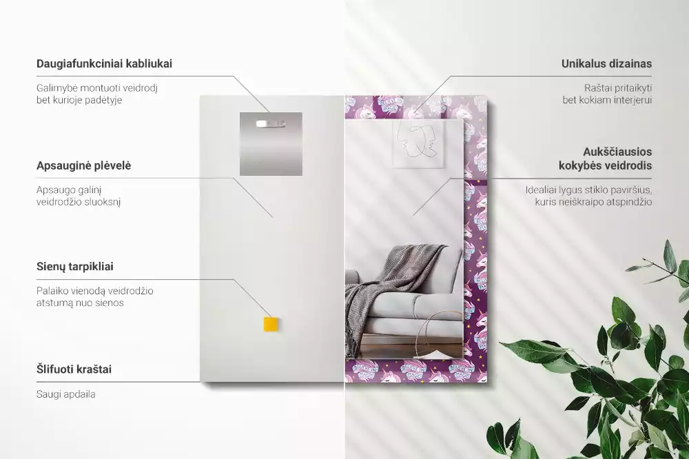 Lustro z drukowaną ramką prostokątne jednorożce gwiazdki i napis