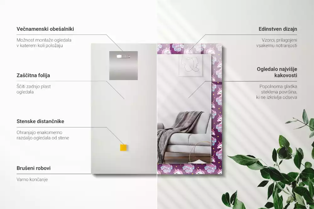 Lustro z drukowaną ramką prostokątne jednorożce gwiazdki i napis