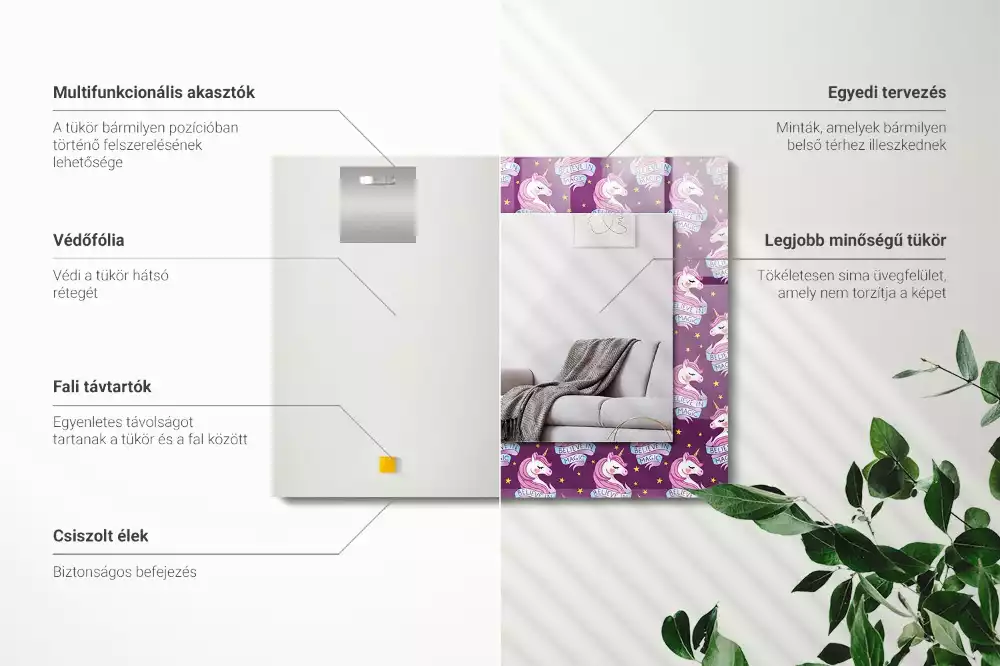 Lustro z drukowaną ramką prostokątne jednorożce gwiazdki i napis