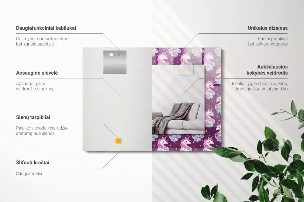 Lustro z drukowaną ramką prostokątne jednorożce gwiazdki i napis