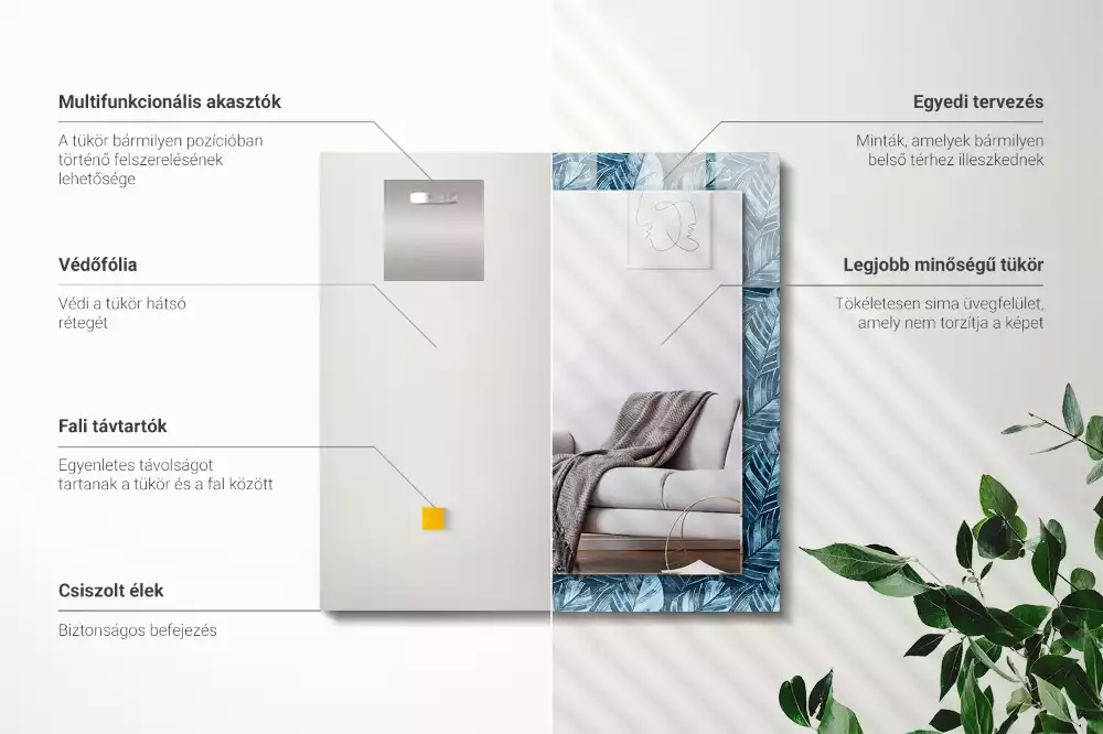 Lustro z nadrukiem prostokątne deseń w błękitne liście