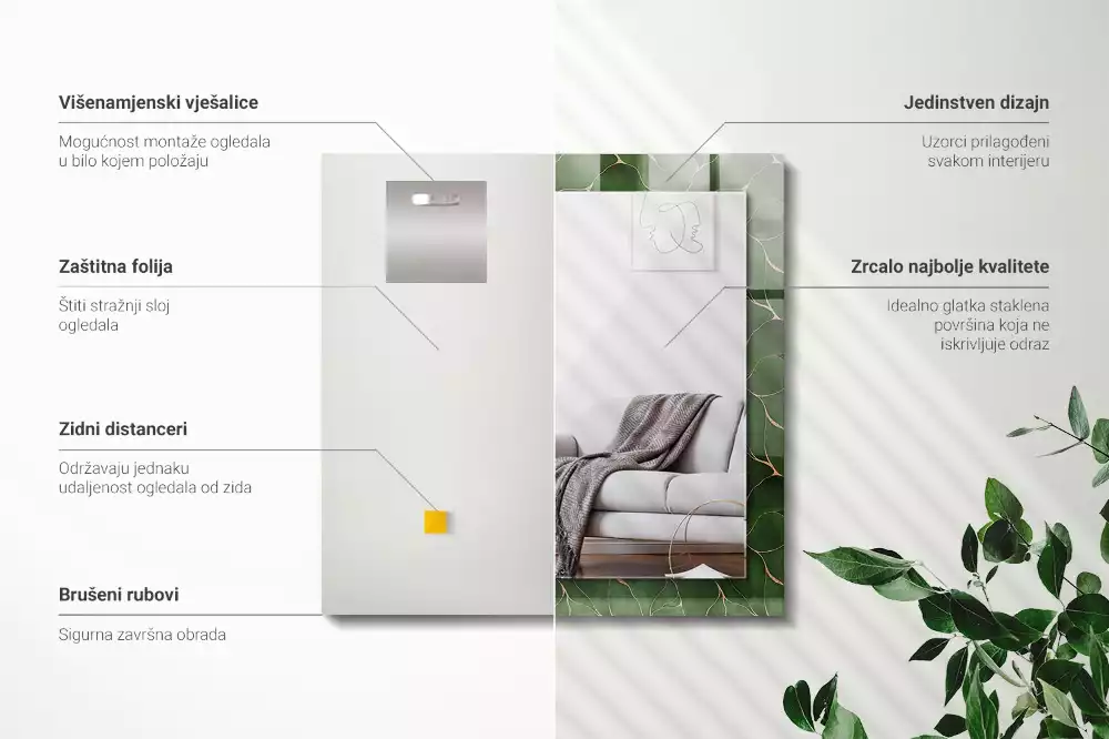 Lustro ramka z nadrukiem prostokątne deseń w zielone liście