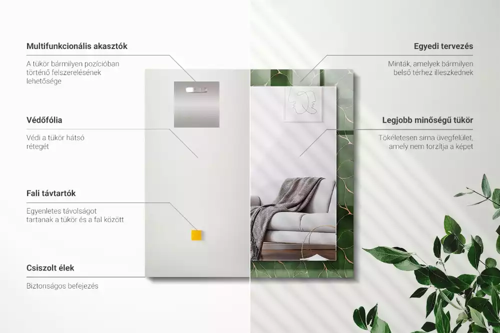 Lustro ramka z nadrukiem prostokątne deseń w zielone liście