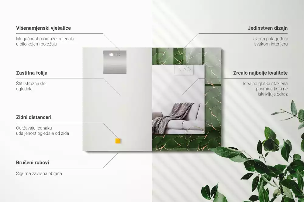 Lustro ramka z nadrukiem prostokątne deseń w zielone liście