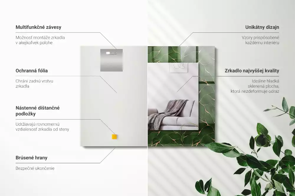 Lustro ramka z nadrukiem prostokątne deseń w zielone liście