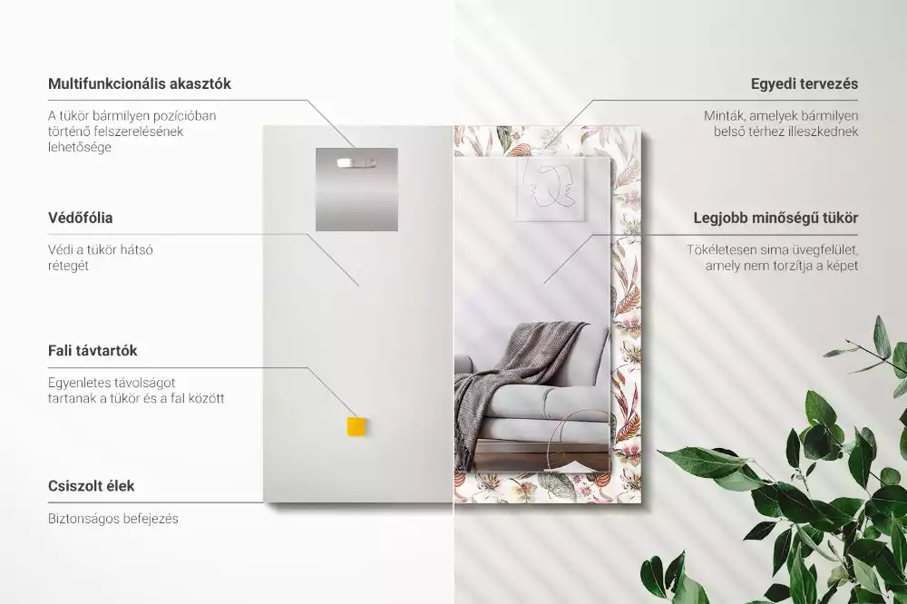 Lustro z drukowaną ramką prostokątne kwiaty z liśćmi