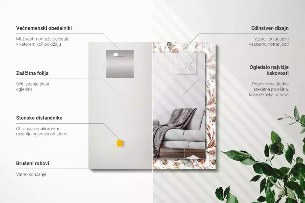 Lustro z drukowaną ramką prostokątne kwiaty z liśćmi