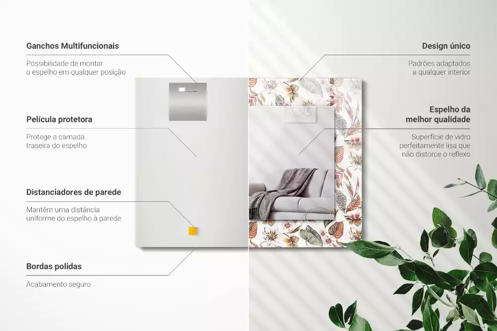 Lustro z drukowaną ramką prostokątne kwiaty z liśćmi