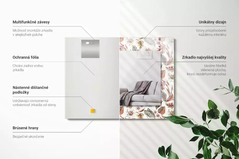Lustro z drukowaną ramką prostokątne kwiaty z liśćmi