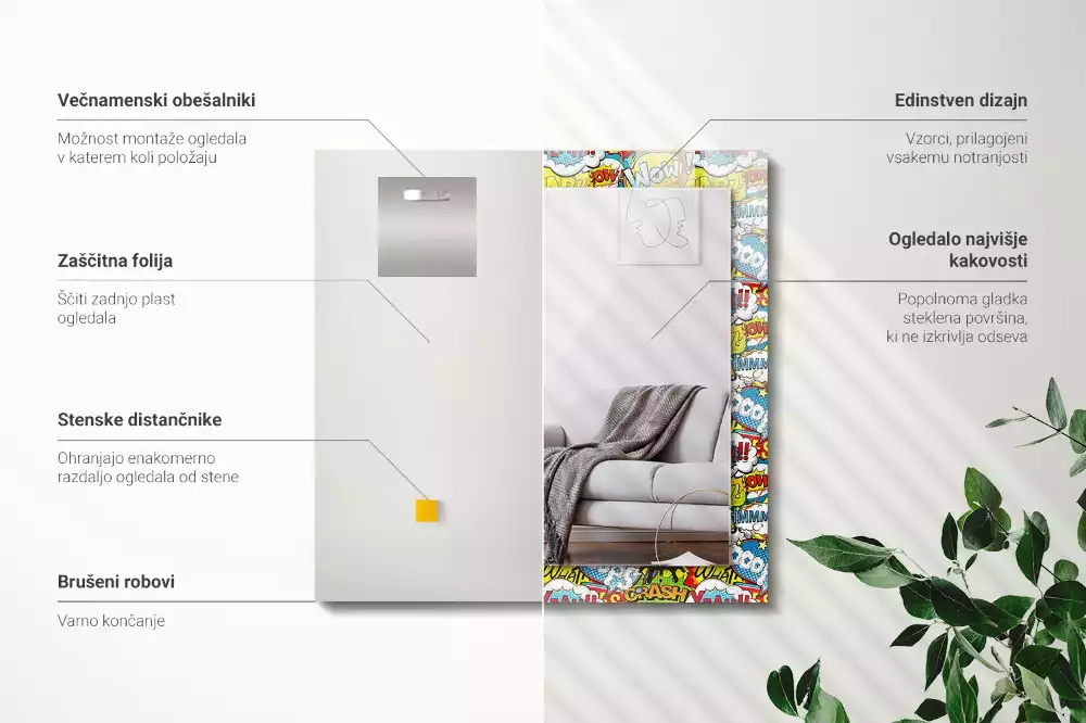 Lustro z nadrukiem dekoracyjne prostokątne barwne dymki komiksowe