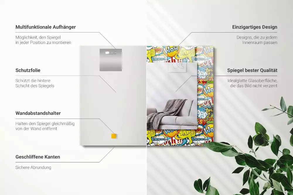 Lustro z nadrukiem dekoracyjne prostokątne barwne dymki komiksowe