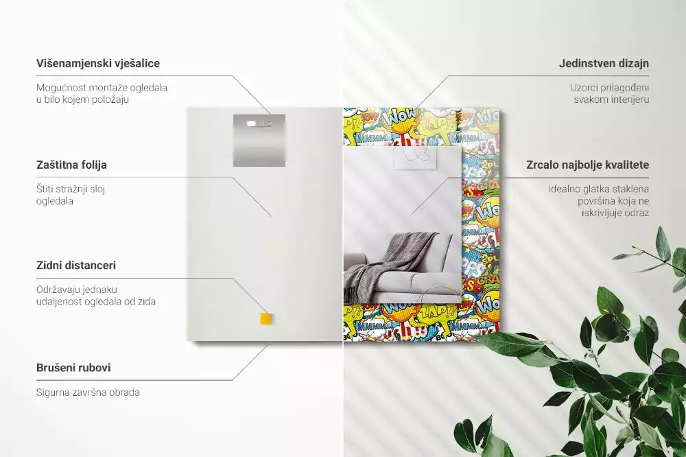 Lustro z nadrukiem dekoracyjne prostokątne barwne dymki komiksowe