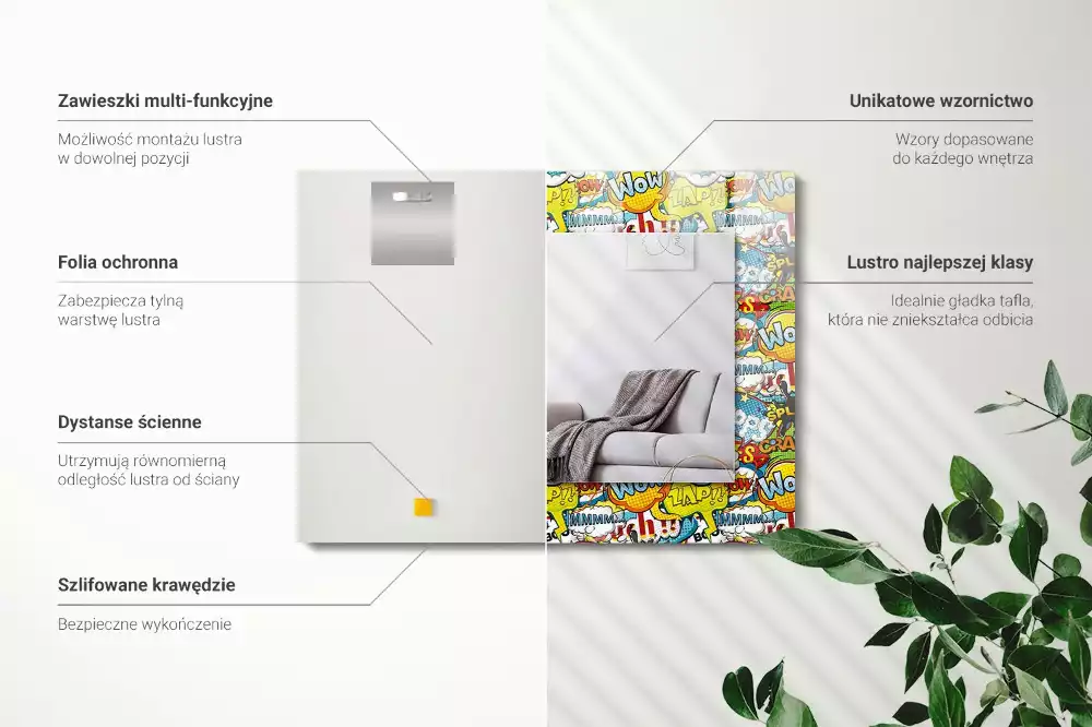 Lustro z nadrukiem dekoracyjne prostokątne barwne dymki komiksowe