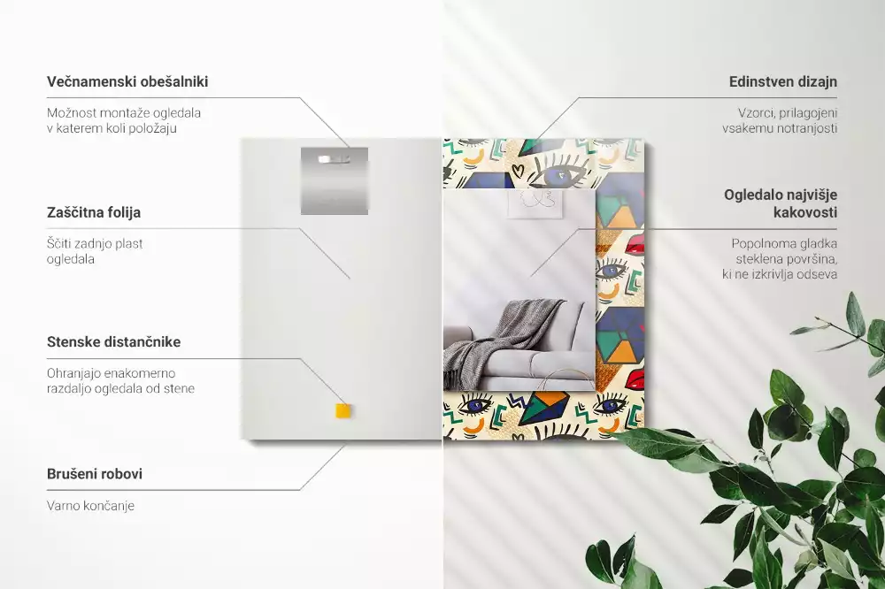 Lustro z drukowaną ramką prostokątne kształty oczu i ust