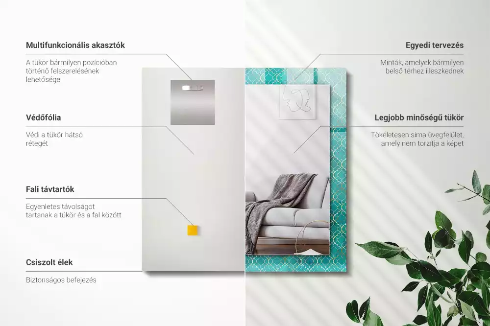 Lustro z nadrukiem prostokątne zielony deseń geometryczny