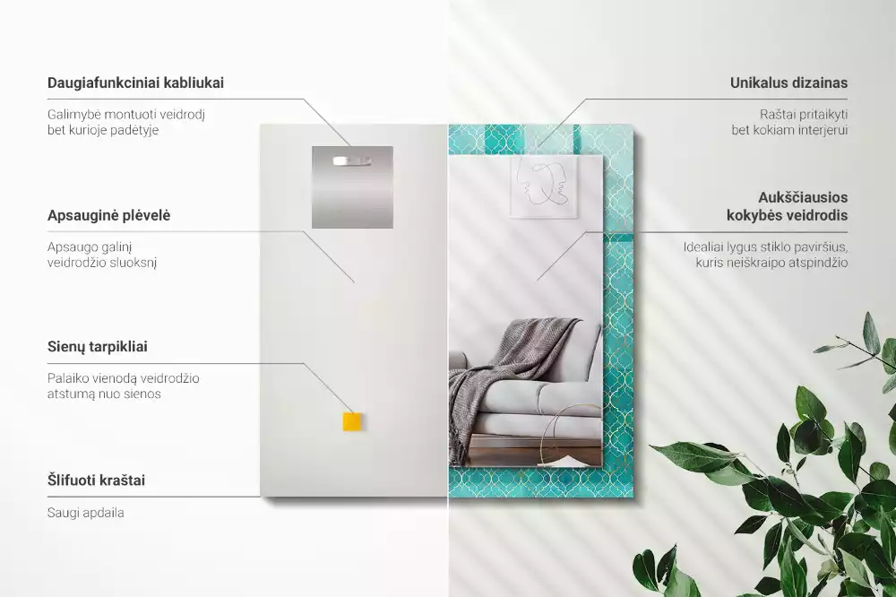Lustro z nadrukiem prostokątne zielony deseń geometryczny