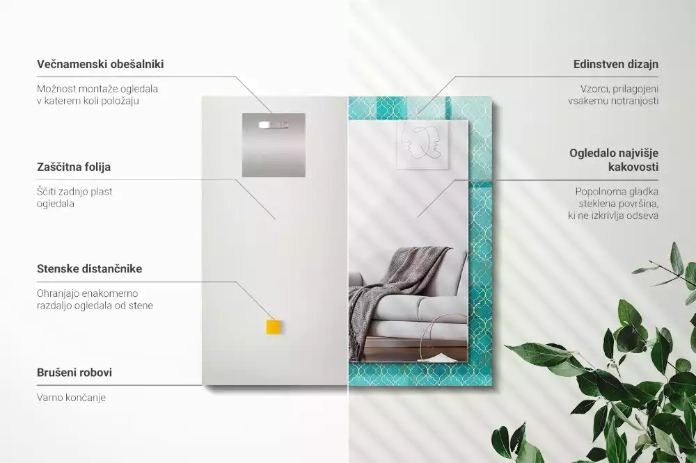 Lustro z nadrukiem prostokątne zielony deseń geometryczny