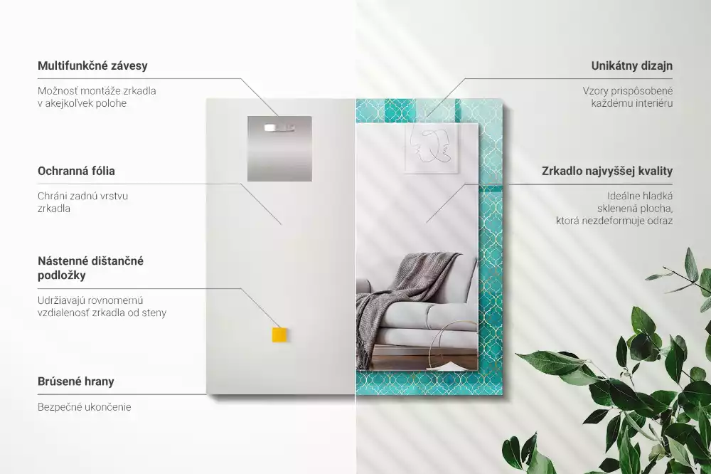 Lustro z nadrukiem prostokątne zielony deseń geometryczny