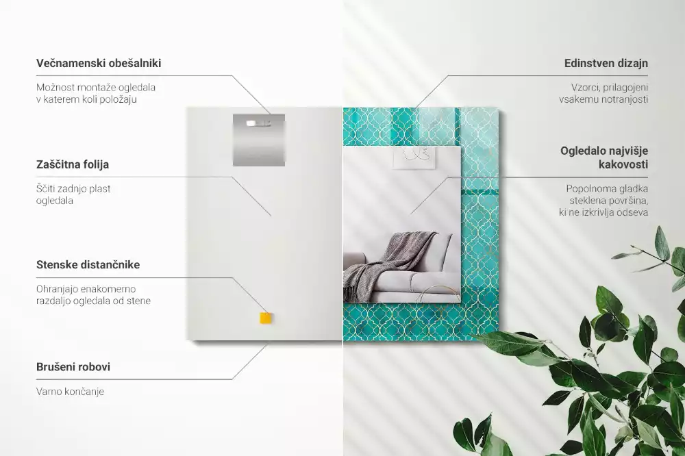 Lustro z nadrukiem prostokątne zielony deseń geometryczny