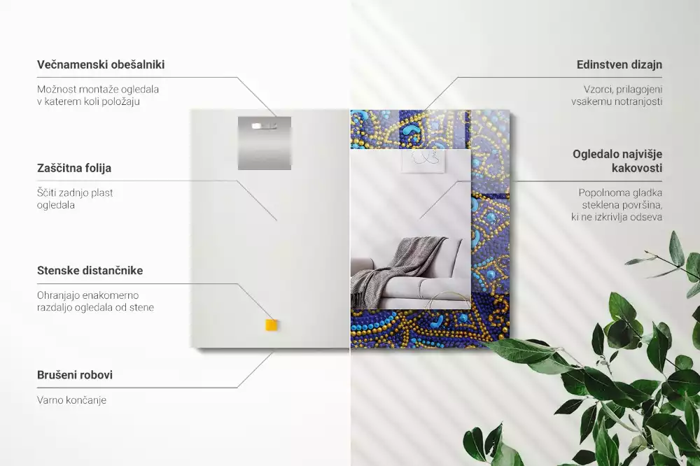 Lustro z drukowaną ramką prostokątne błękitna mandala kropkowana