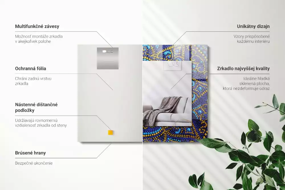 Lustro z drukowaną ramką prostokątne błękitna mandala kropkowana