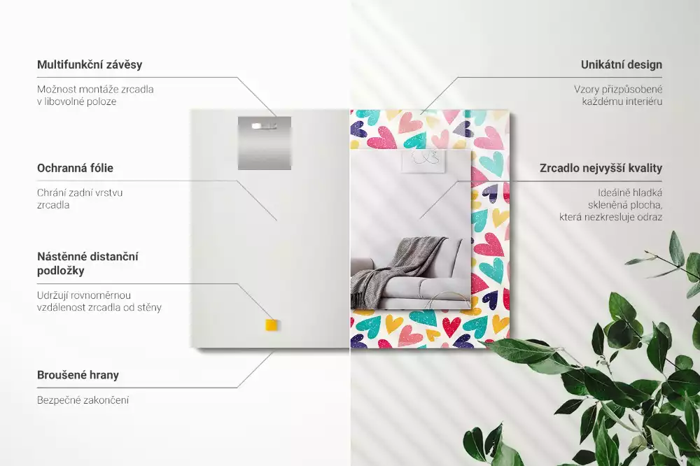 Lustro z nadrukiem prostokątne deseń w kolorowe serca