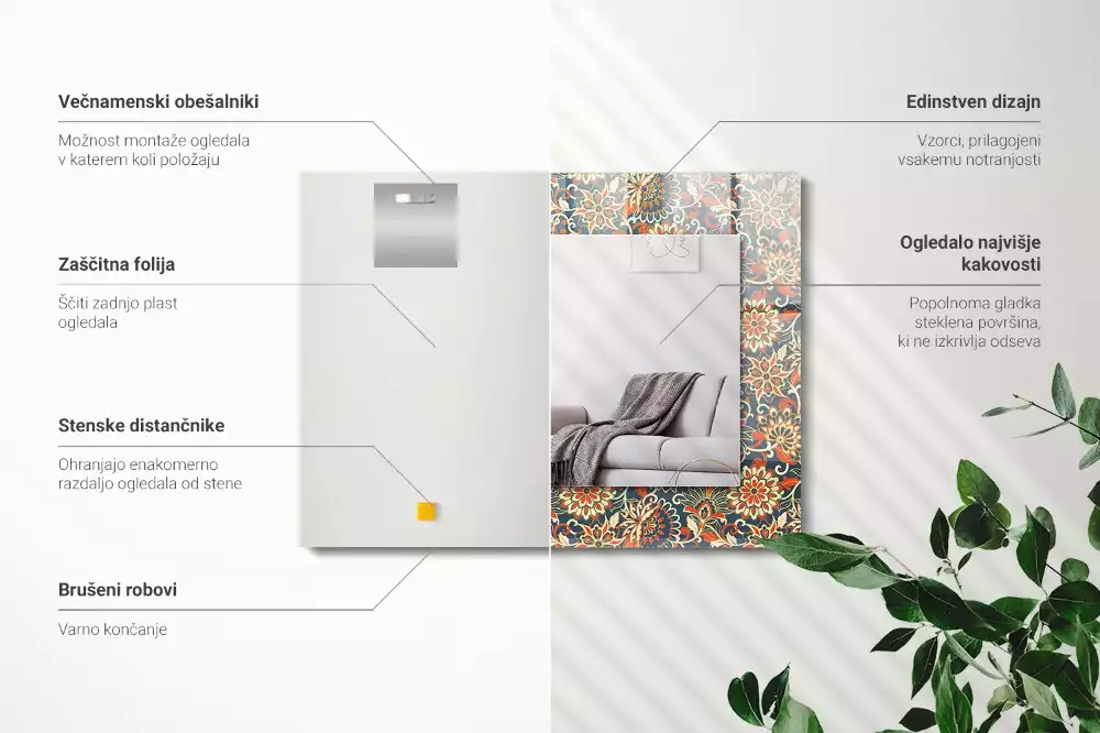 Lustro z nadrukiem prostokątne kwiatowy motyw tapety
