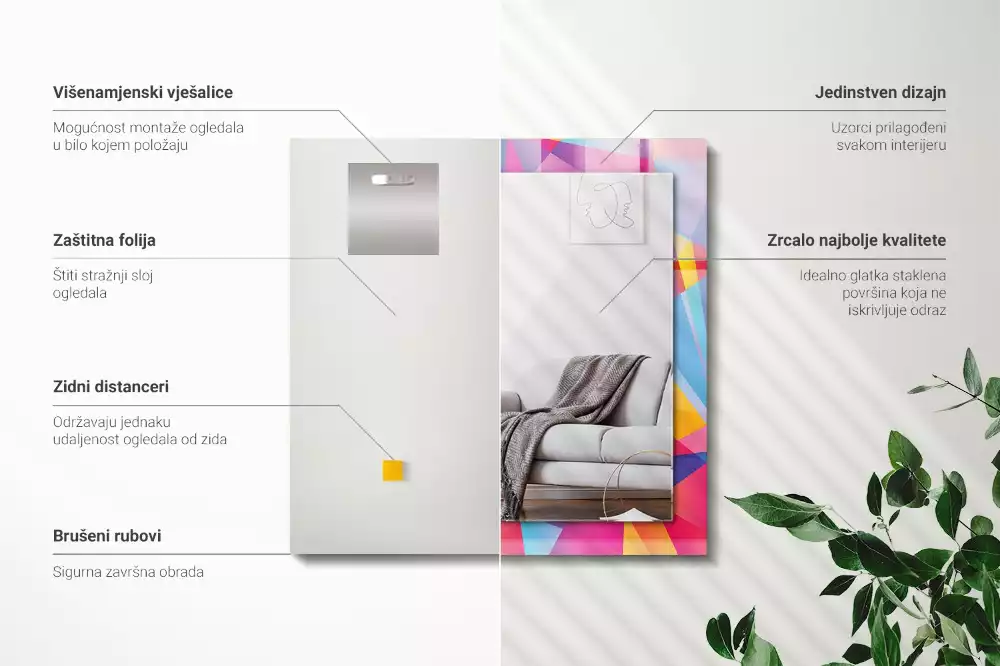 Lustro ramka z nadrukiem prostokątne barwne desenie geometryczne