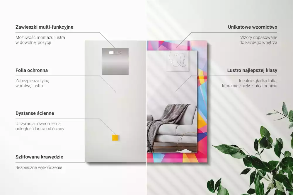Lustro ramka z nadrukiem prostokątne barwne desenie geometryczne