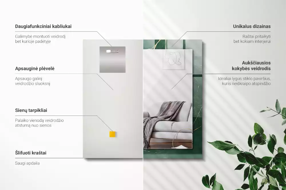 Lustro z nadrukiem prostokątne zielono-złote liście