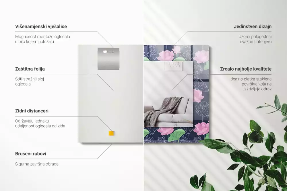 Lustro z nadrukiem prostokątne różowe kwiaty lotosu