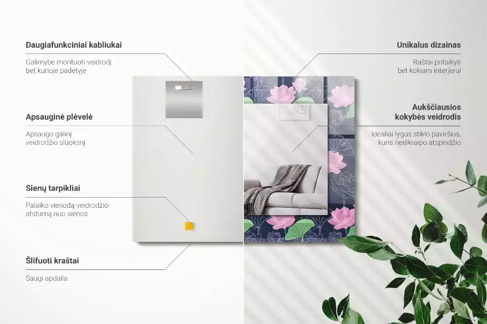 Lustro z nadrukiem prostokątne różowe kwiaty lotosu
