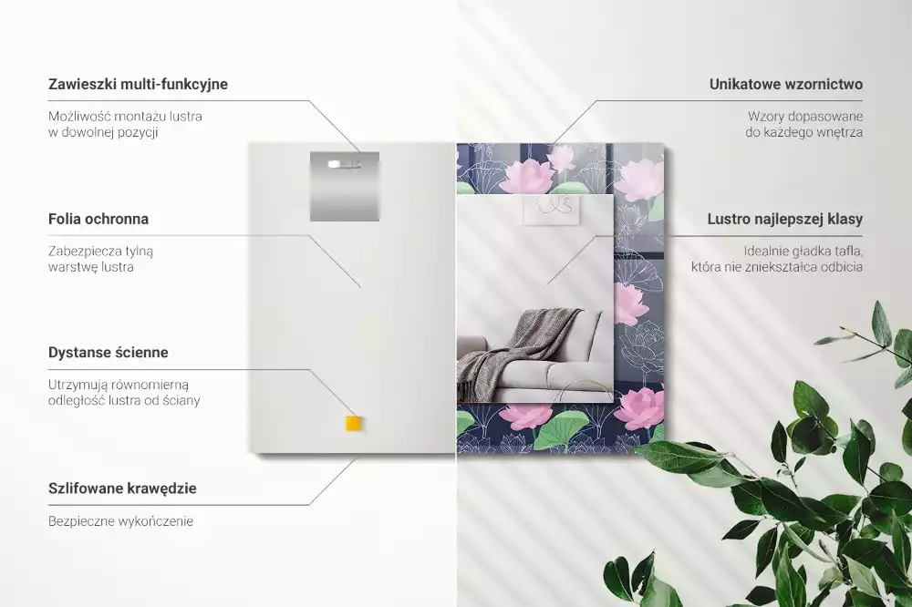 Lustro z nadrukiem prostokątne różowe kwiaty lotosu