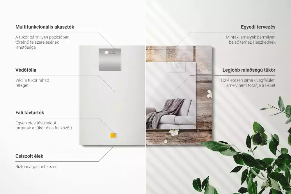 Lustro z nadrukiem prostokątne kwiaty na tle drewna