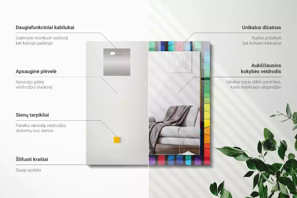 Lustro z drukowaną ramką prostokątne barwne paski witrażowe