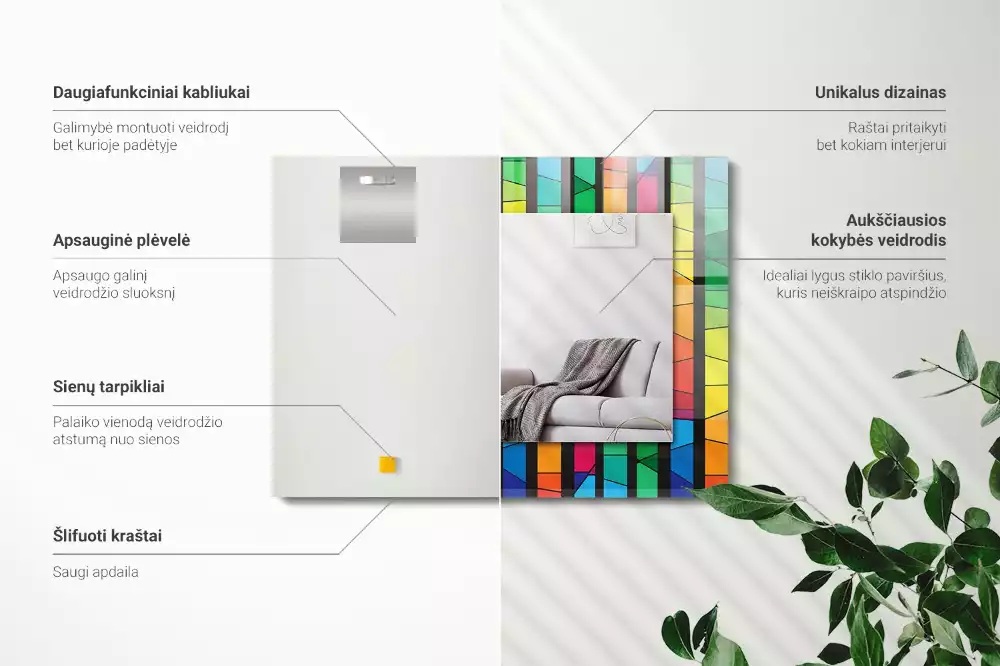 Lustro z drukowaną ramką prostokątne barwne paski witrażowe