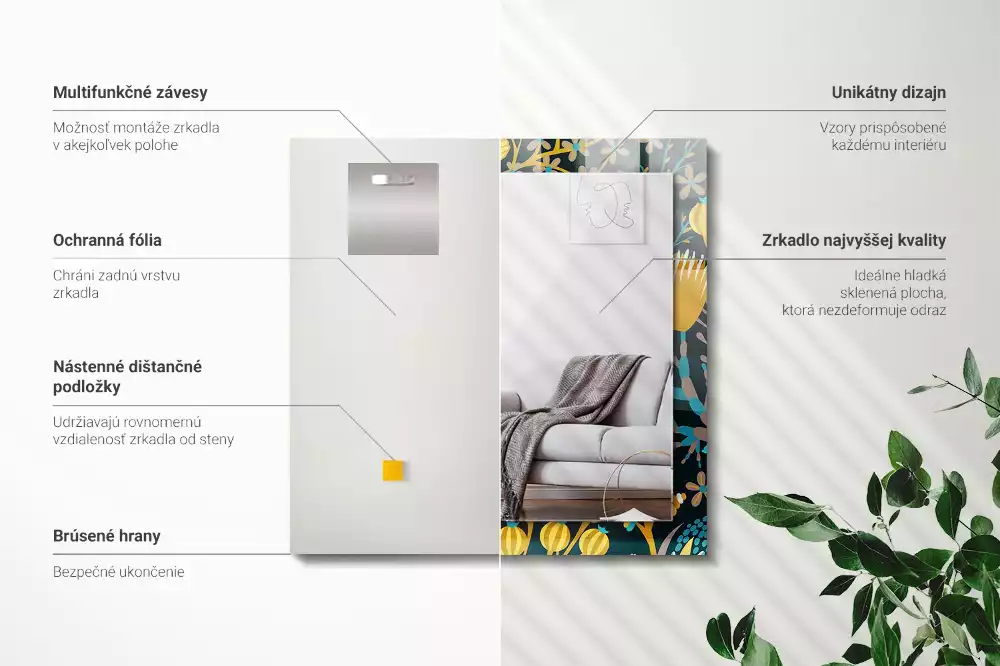 Lustro ramka z nadrukiem prostokątne desenie w kwiaty i liście