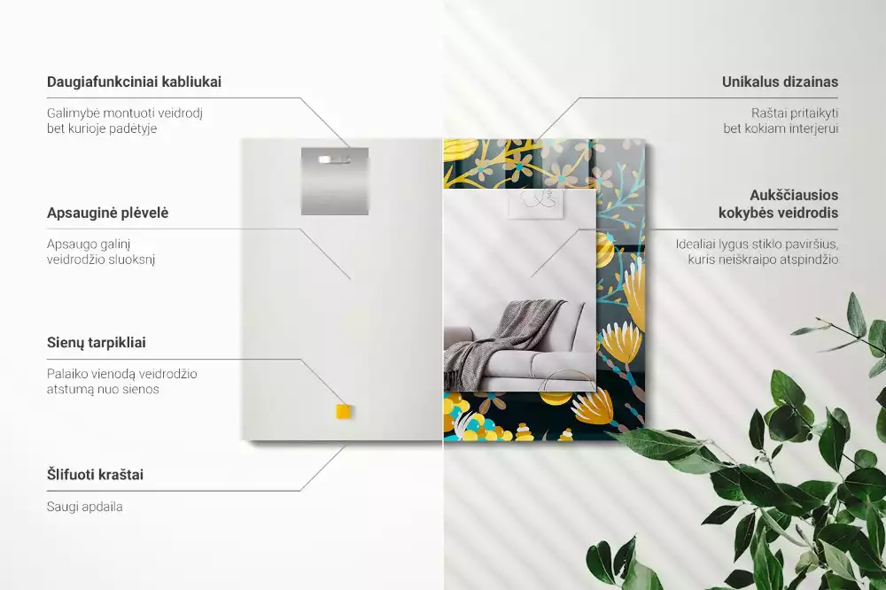 Lustro ramka z nadrukiem prostokątne desenie w kwiaty i liście
