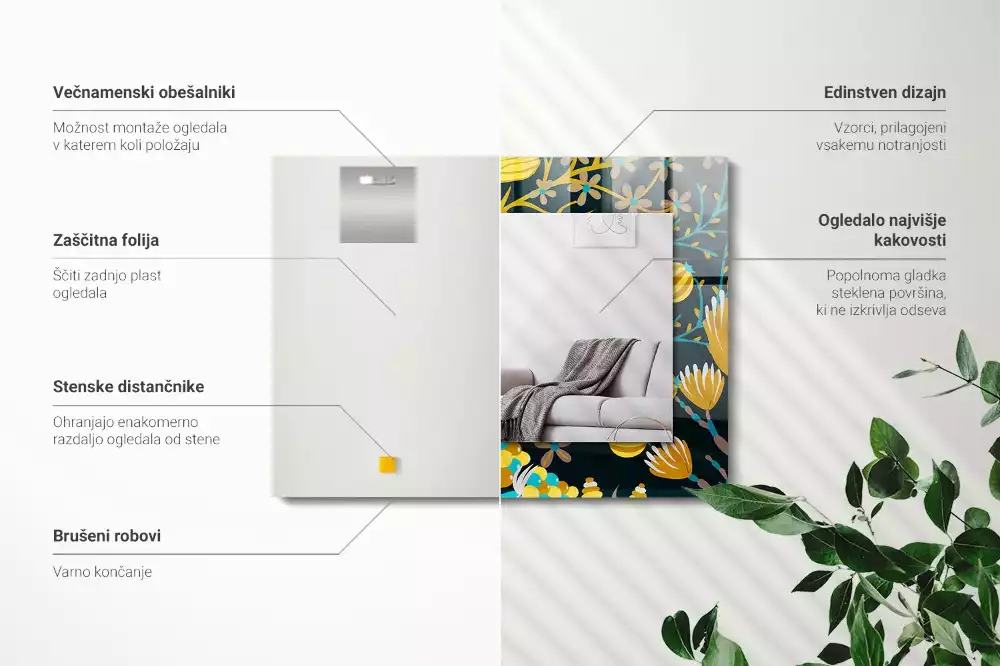 Lustro ramka z nadrukiem prostokątne desenie w kwiaty i liście