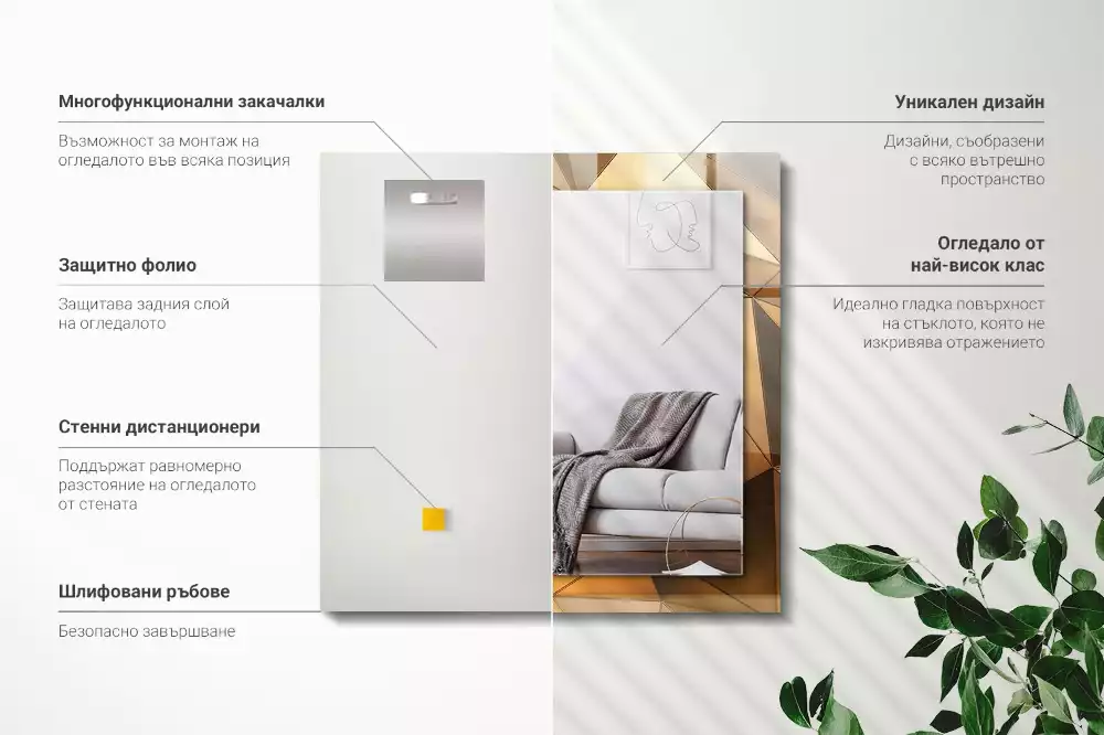 Lustro z drukowaną ramką prostokątne złote desenie geometryczne