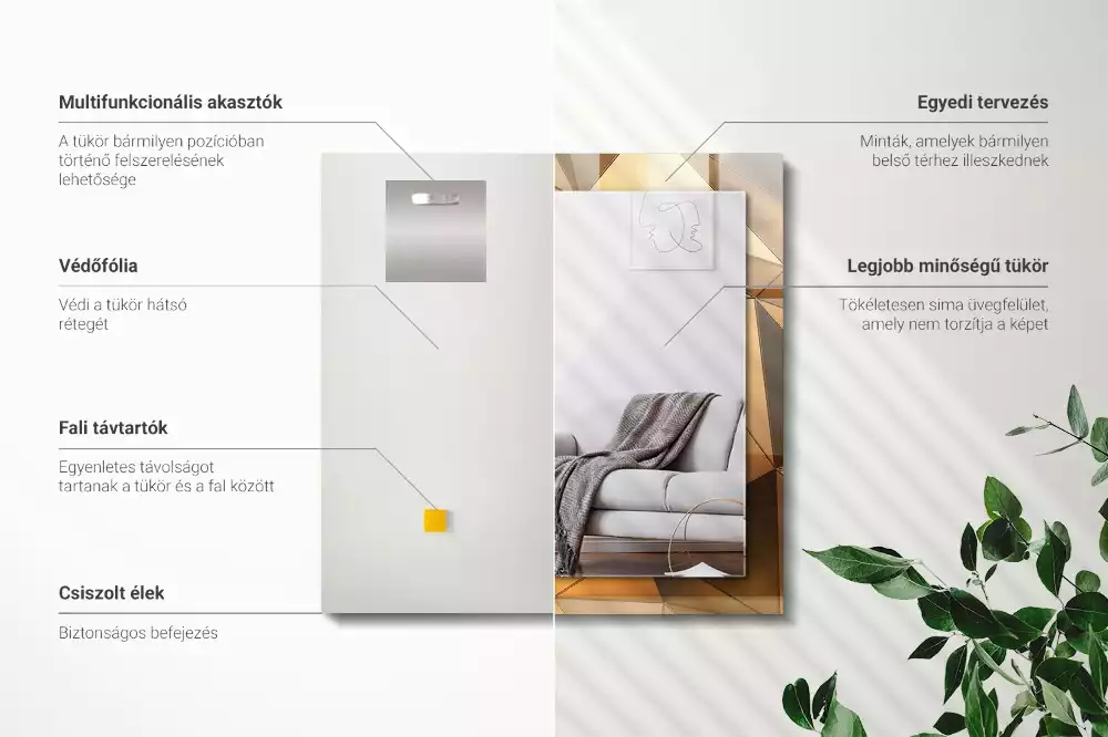 Lustro z drukowaną ramką prostokątne złote desenie geometryczne