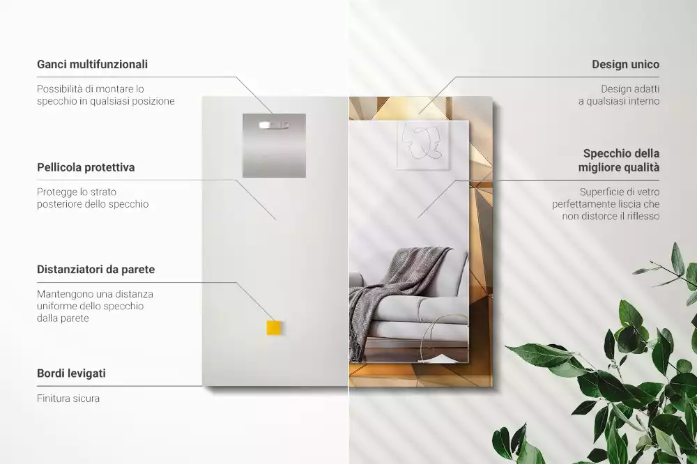 Lustro z drukowaną ramką prostokątne złote desenie geometryczne