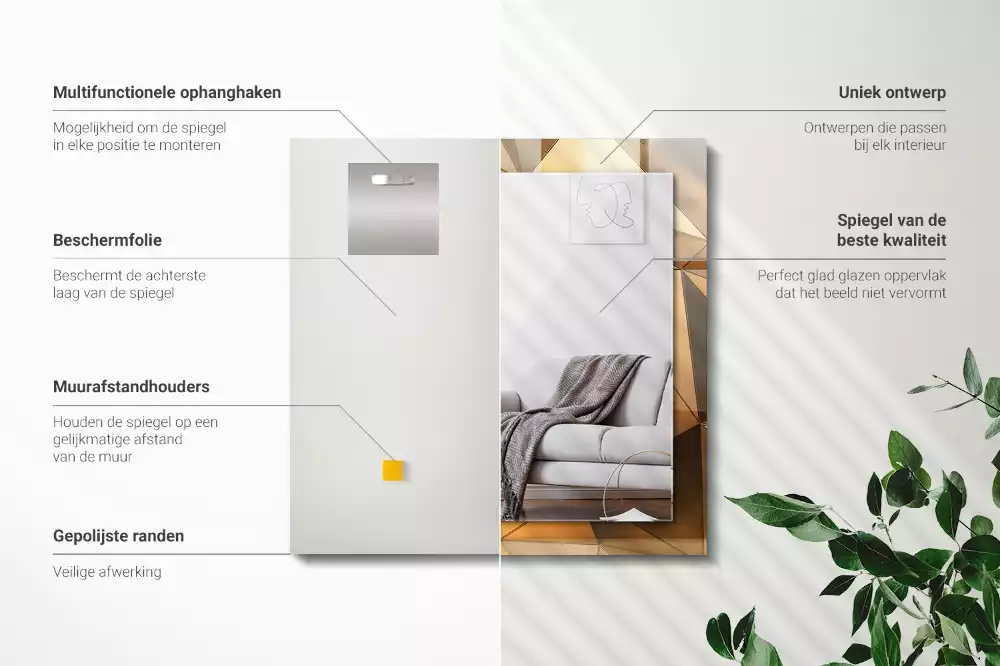 Lustro z drukowaną ramką prostokątne złote desenie geometryczne