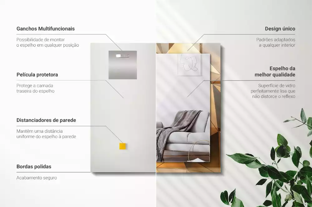Lustro z drukowaną ramką prostokątne złote desenie geometryczne