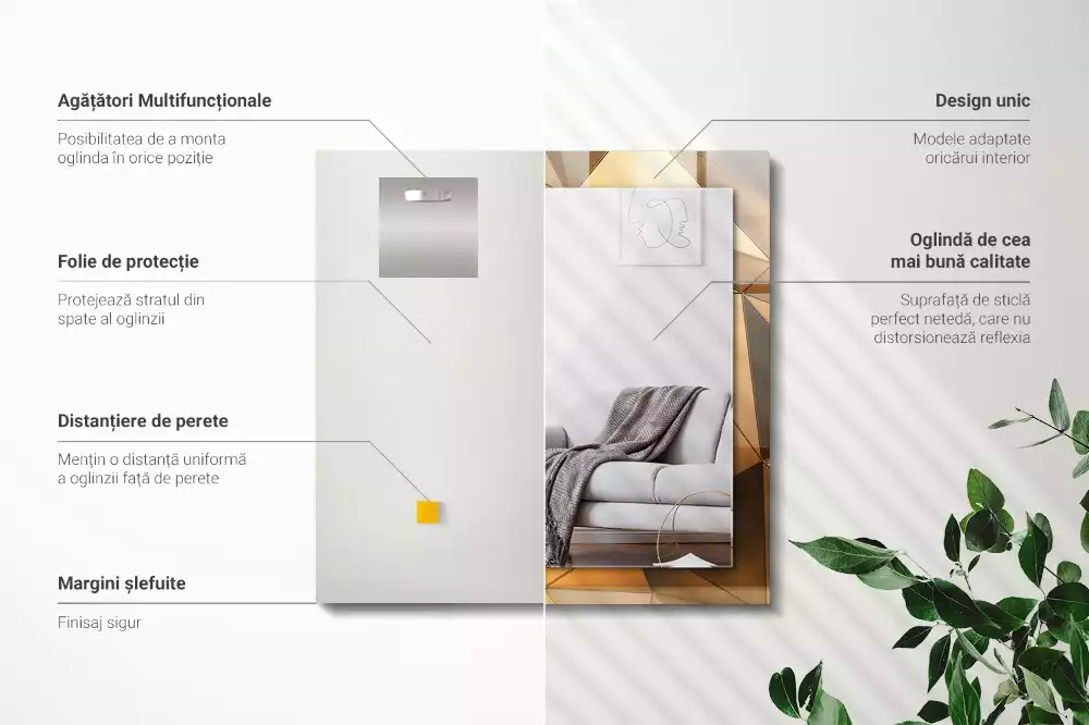 Lustro z drukowaną ramką prostokątne złote desenie geometryczne