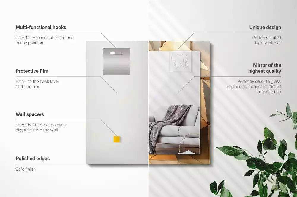 Lustro z drukowaną ramką prostokątne złote desenie geometryczne