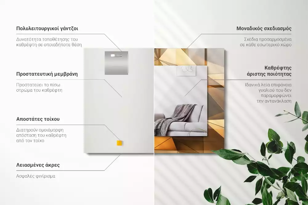Lustro z drukowaną ramką prostokątne złote desenie geometryczne