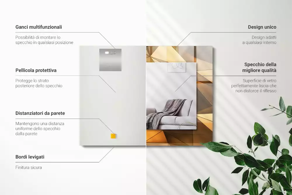 Lustro z drukowaną ramką prostokątne złote desenie geometryczne