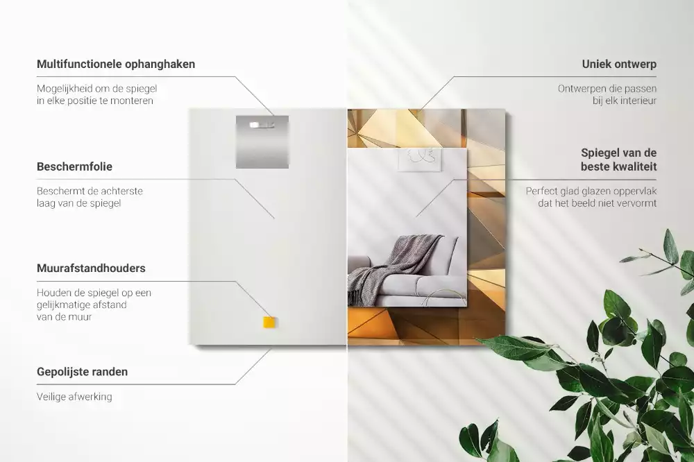 Lustro z drukowaną ramką prostokątne złote desenie geometryczne
